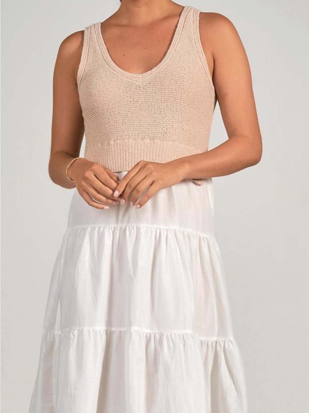 Elan White Tiered Maxi Dress with Tan Knit Sweater Tank - Picture 5 of 16